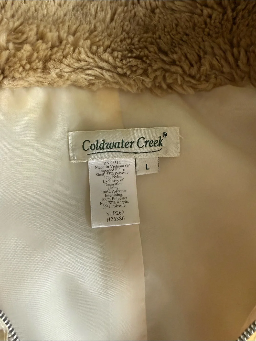 VTG Coldwater Creek Quilted Embroidered Floral Cream Faux Fur Collar Jacket Sz L
